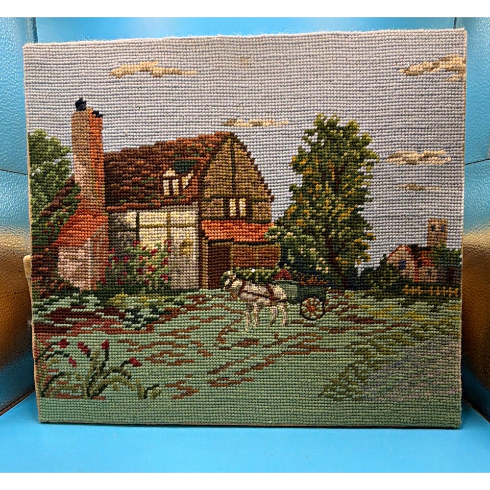 Vintage/Antique Handmade Needlepoint Countryside Cottage & Horse Cart Scene
